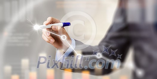 Close view of businessman drawing on screen market infographs Close view of businessman drawing on screen market infographs
