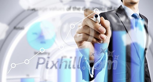 Close view of businessman drawing on screen market infographs Close view of businessman drawing on screen market infographs