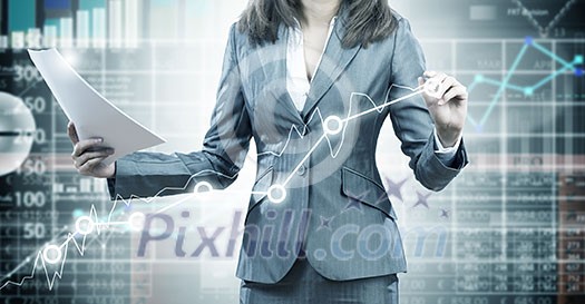 Close view of businesswoman drawing on screen market infographs Close view of businesswoman drawing on screen market infographs