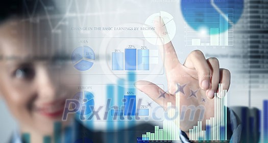 Close view of businesswoman touching screen with market infographs Close view of businesswoman touching screen with market infographs