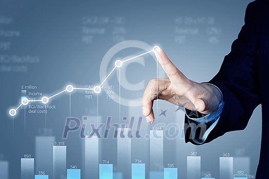 Close view of businessman touching screen with market infographs Close view of businessman touching screen with market infographs