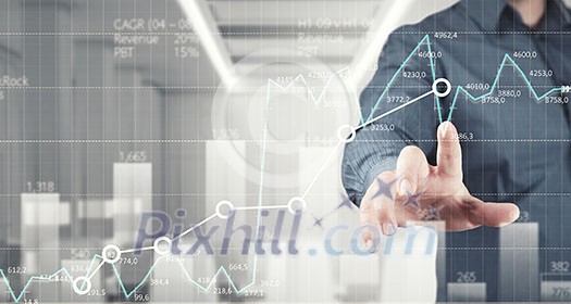 Close view of businessman touching screen with market infographs Close view of businessman touching screen with market infographs