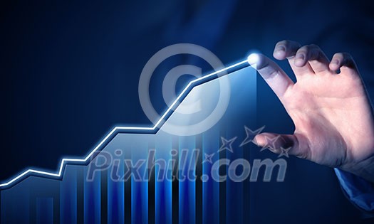 Close view of businessman touching screen with market infographs Close view of businessman touching screen with market infographs