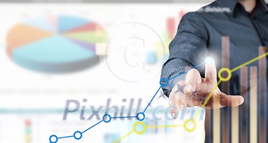 Close view of businessman touching screen with market infographs Close view of businessman touching screen with market infographs