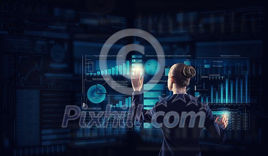 Rear view of businesswoman working with virtual panel interface Rear view of businesswoman working with virtual panel interface