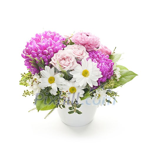 Bouquet of colorful flowers arranged in small vase on white background Bouquet of colorful flowers arranged in small vase on white background
