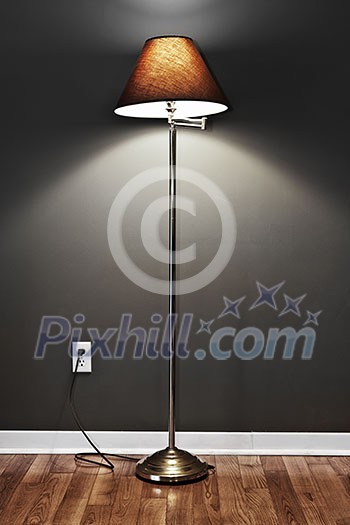 Tall floor lamp with metal base and dark lampshade on hardwood flooring in room Tall floor lamp with metal base and dark lampshade on hardwood flooring in room
