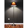 Tall floor lamp with metal base and dark lampshade on hardwood flooring in room