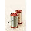 Two spools of thread with needle for sewing