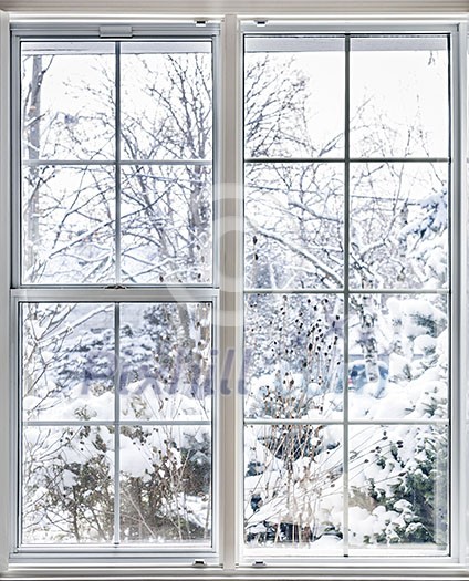Home vinyl insulated windows with winter view of snowy trees and plants Home vinyl insulated windows with winter view of snowy trees and plants