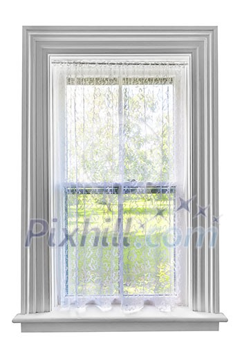 Window and sill with sheer lace curtains isolated on white background Window and sill with sheer lace curtains isolated on white background