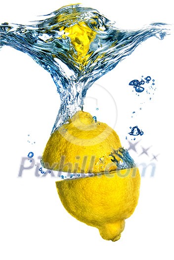 Fresh lemon dropped into water with bubbles isolated on white Fresh lemon dropped into water with bubbles isolated on white