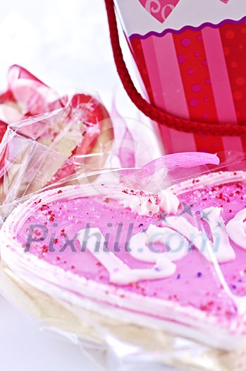 Homemade baked shortbread Valentine cookies with icing and gift boxes Homemade baked shortbread Valentine cookies with icing and gift boxes