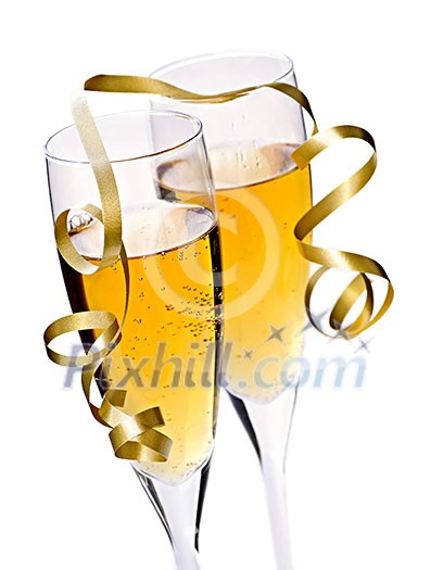 Two full champagne flutes with sparkling wine and ribbon isolated Two full champagne flutes with sparkling wine and ribbon isolated