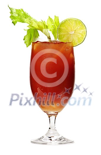 Bloody mary in glass isolated on white background with celery stalk Bloody mary in glass isolated on white background with celery stalk
