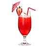 Strawberry daiquiri in glass isolated on white background with umbrella