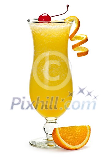 Glass of orange drink in hurricane cocktail glass Glass of orange drink in hurricane cocktail glass
