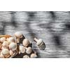 Mushrooms on wooden table, top view image
