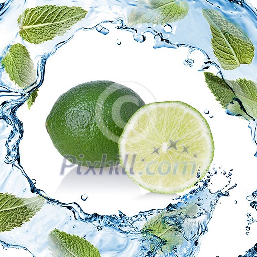 water splash with lime and green mint isolated on white water splash with lime and green mint isolated on white