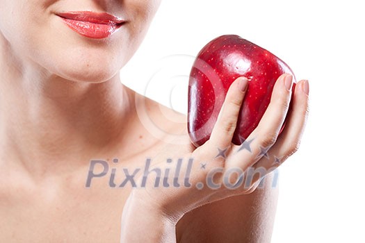 Portrait of smiling woman holding red apple isolated on white Portrait of smiling woman holding red apple isolated on white