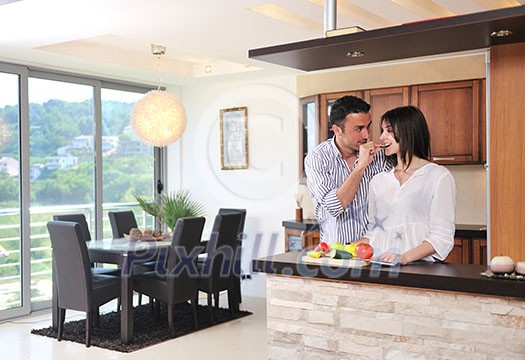 happy young couple have fun in modern wooden kitchen indoor while preparing fresh food happy young couple have fun in modern wooden kitchen indoor while preparing fresh food