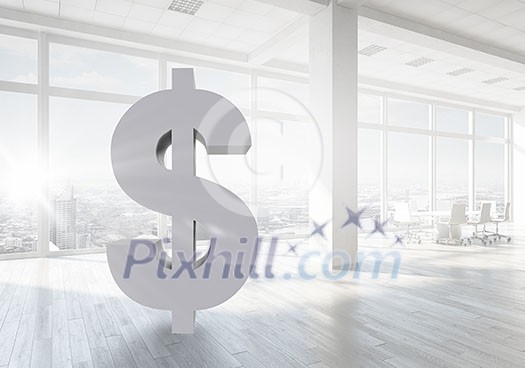 Big dollar symbol on modern office window background Big dollar symbol on modern office window background