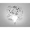 Glass glowing light bulb and business sketched ideas