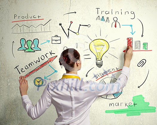 Businesswoman standing with back drawing business ideas on wall Businesswoman standing with back drawing business ideas on wall