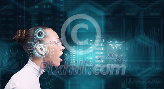 Virtual holographic interface and young screaming woman wearing glasses Virtual holographic interface and young screaming woman wearing glasses