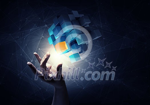 Businesswoman hand touch cube as symbol of problem solving Businesswoman hand touch cube as symbol of problem solving