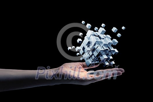 Businessman hand shows cube as symbol of problem solving Businessman hand shows cube as symbol of problem solving