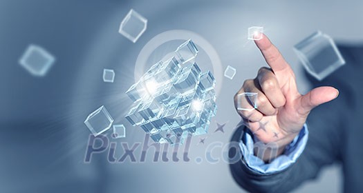 Businesswoman touching with finger cube as symbol of problem solving Businesswoman touching with finger cube as symbol of problem solving