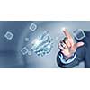 Businesswoman touching with finger cube as symbol of problem solving