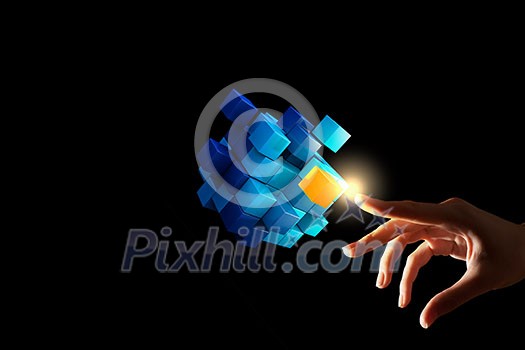 Businesswoman hand touch cube as symbol of problem solving Businesswoman hand touch cube as symbol of problem solving