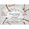 Top view of people hands drawing business teamwork strategy