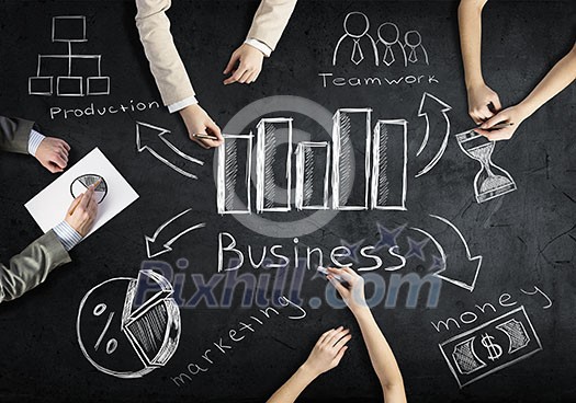 Top view of people hands drawing business teamwork strategy Top view of people hands drawing business teamwork strategy