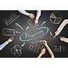 Top view of people hands drawing business teamwork strategy