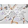 Top view of people hands drawing business teamwork strategy