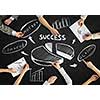 Top view of people hands drawing business teamwork strategy