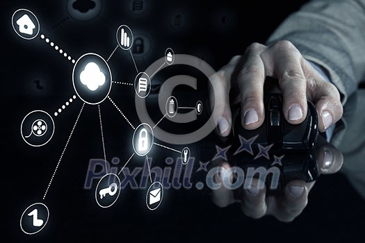 Hand of businessman in suit on dark digital background using wireless computer mouse Hand of businessman in suit on dark digital background using wireless computer mouse