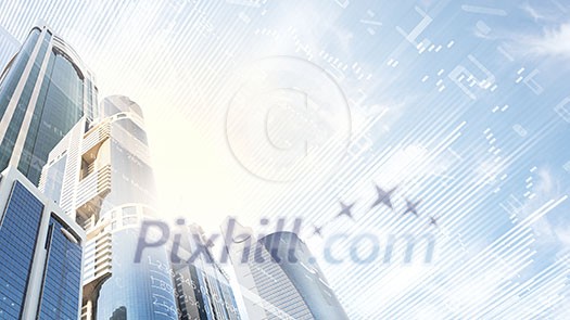 Digital image of bottom view of tall skyscraper Digital image of bottom view of tall skyscraper