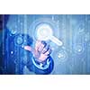 Close up of businessman touching digital screen with finger