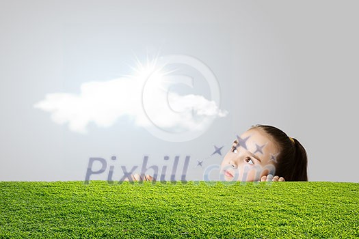 Little cute girl looking at shining sun Little cute girl looking at shining sun