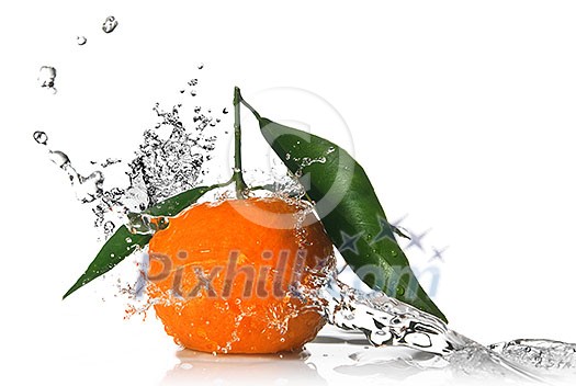 Tangerine with water splash isolated on white Tangerine with water splash isolated on white