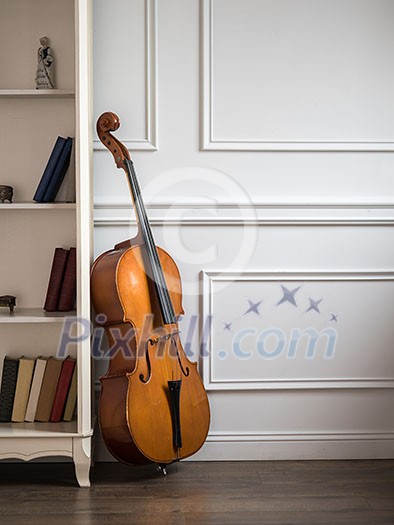 Cello in classical interior near bookshelf Cello in classical interior near bookshelf
