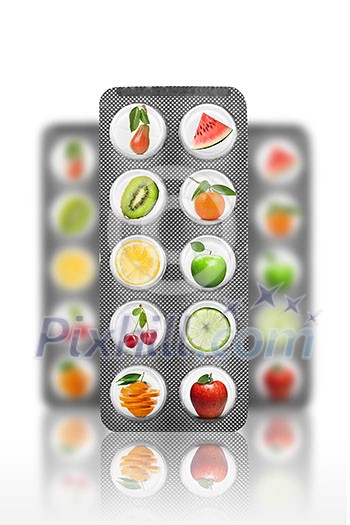 Natural pills with vitamins and fruits isolated on white background Natural pills with vitamins and fruits isolated on white background