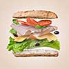 Sandwich with falling ingredients in the air - slices of fresh tomatoes, ham, cheese and lettuce