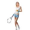 Portrait of young smiling woman with tennis racket isolated on white