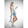 Portrait of young smiling woman with tennis racket and ball on white