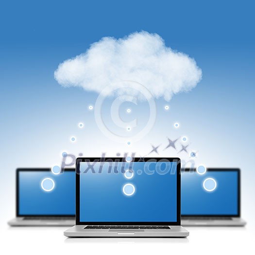 Cloud computing network concept. Notebook with cloud isolated on white Cloud computing network concept. Notebook with cloud isolated on white